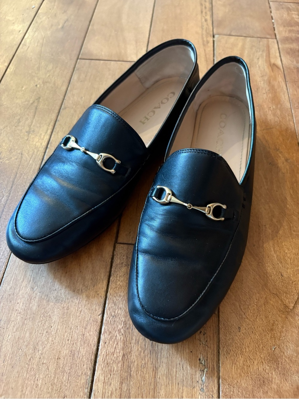 Coach Black Leather Gold Horse-bit Loafers